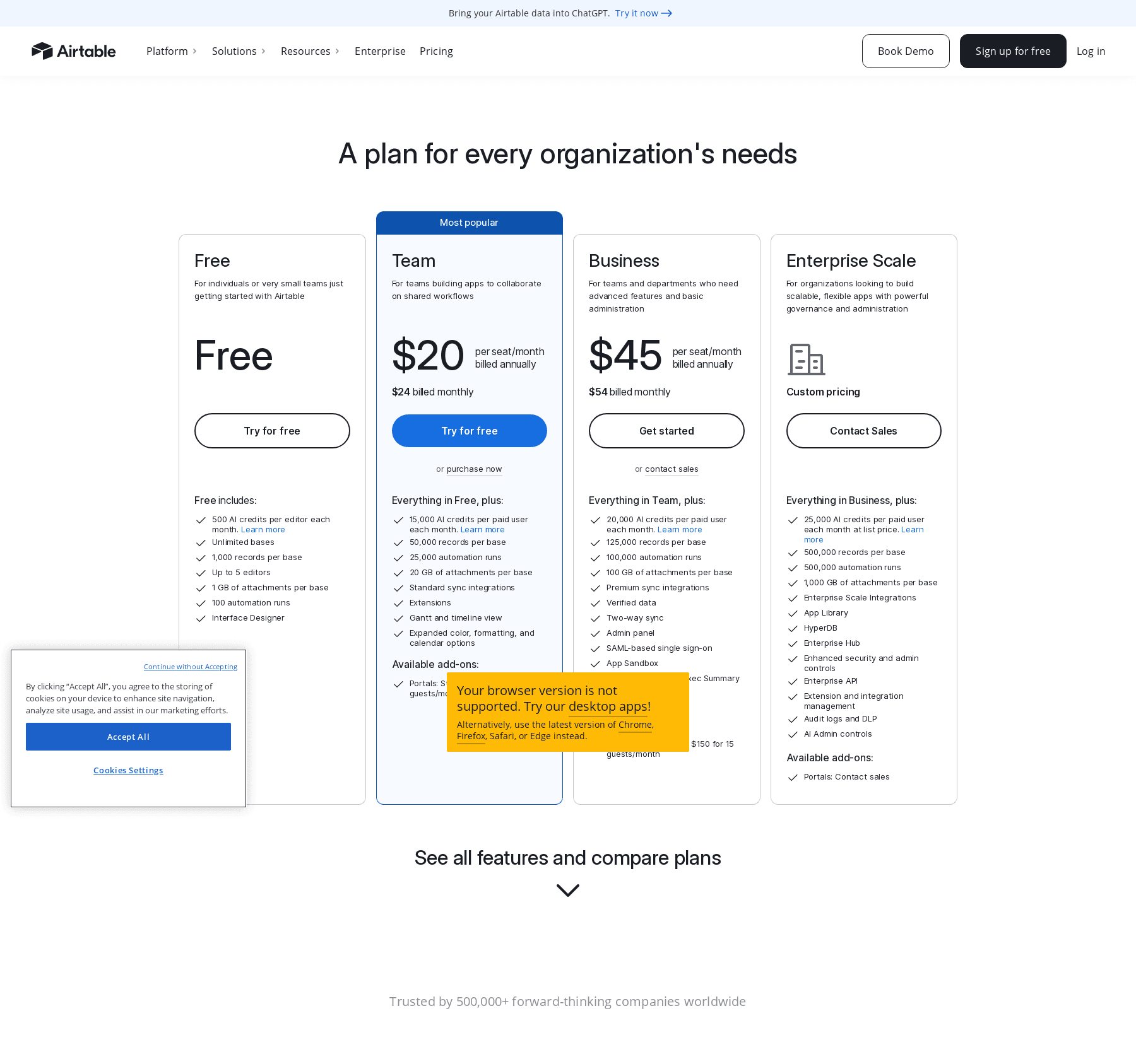 Airtable pricing page