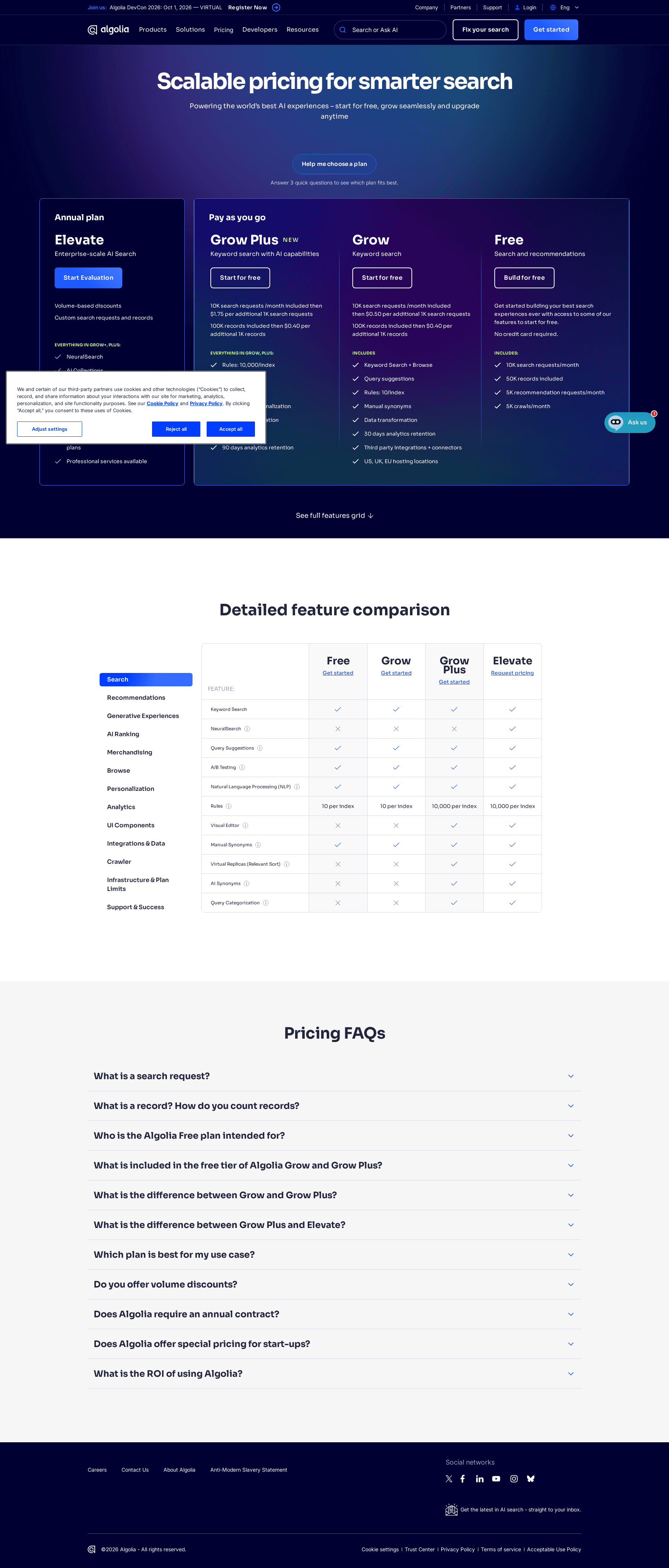 Algolia pricing page