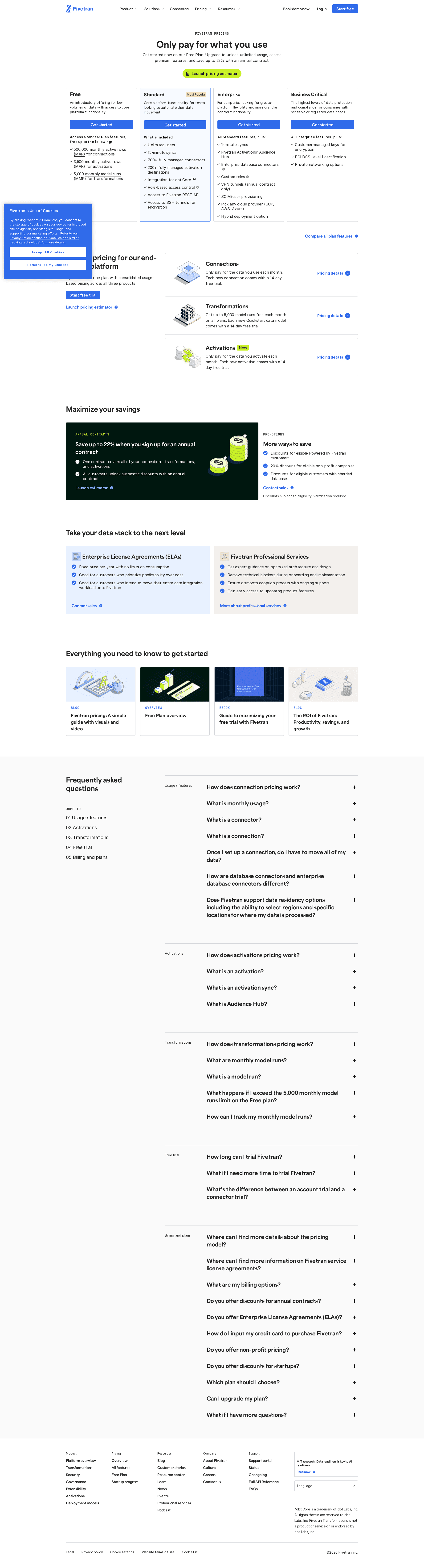 Fivetran pricing page