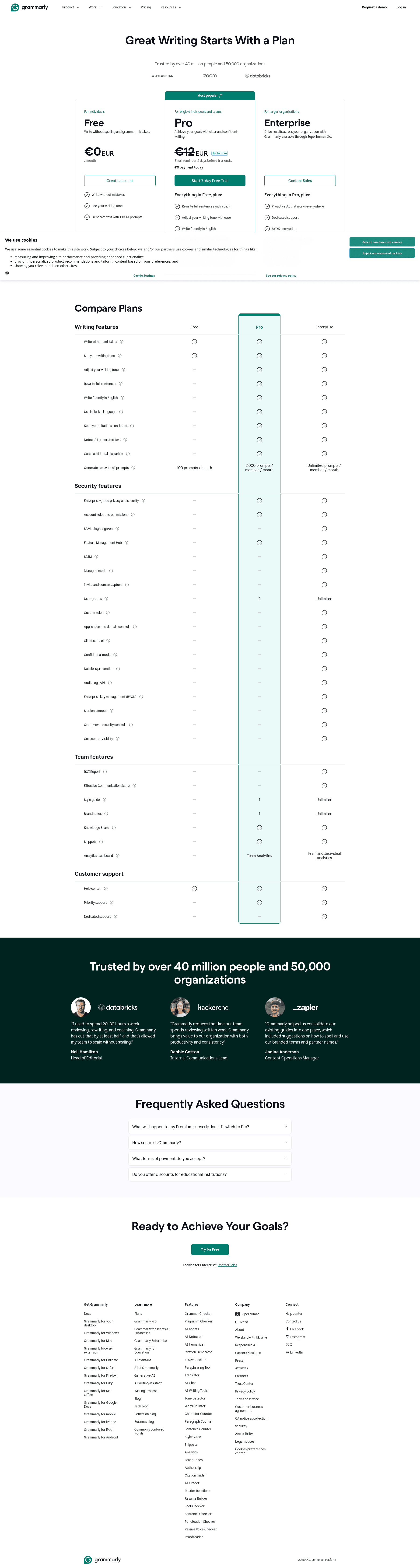 Grammarly pricing page