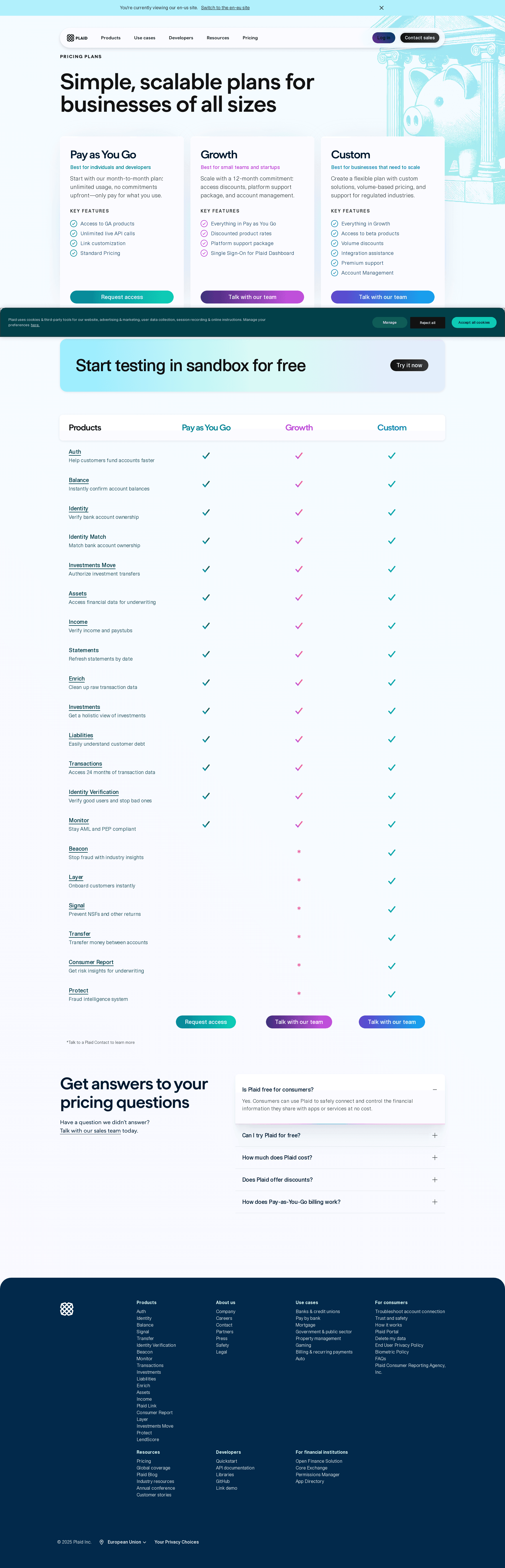 Plaid pricing page